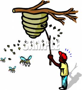 Black Boy Poking A Stick At A Wasp Nest   Royalty Free Clipart Picture