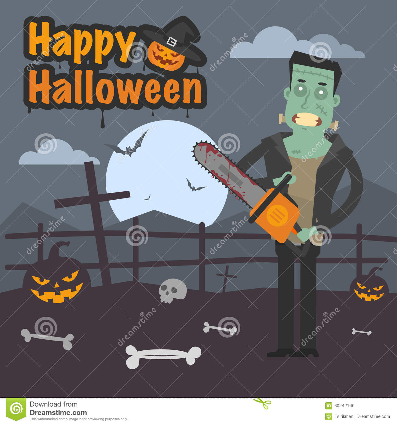 Illustration Halloween Frankenstein Holding Chainsaw Format Eps 8