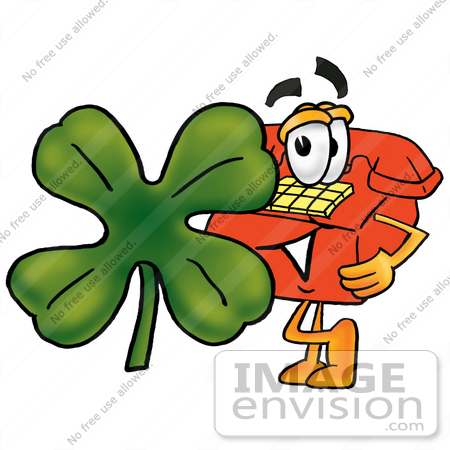 Of A Red Landline Telephone Cartoon Character With A Green Four Leaf    