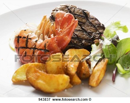 Picture Of Grilled Beef Steak And Shrimp With Country Potatoes 943837    