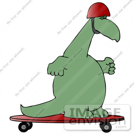 Clip Art Graphic Of A Green Dinosaur Skateboarding On A Red Skateboard