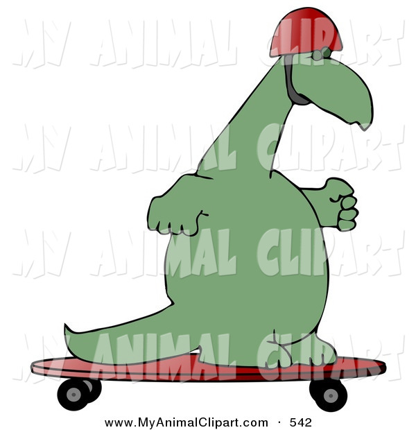 Clip Art Of A Goofy Green Dino Skateboarding Upright And Wearing A