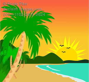 Clipart Illustration Of Tropical Sunset On The Beach With Palm Trees