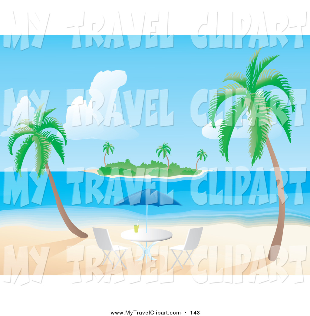 Clipart Of Two Tropical Palm Trees Near An Umbrella Table With A    