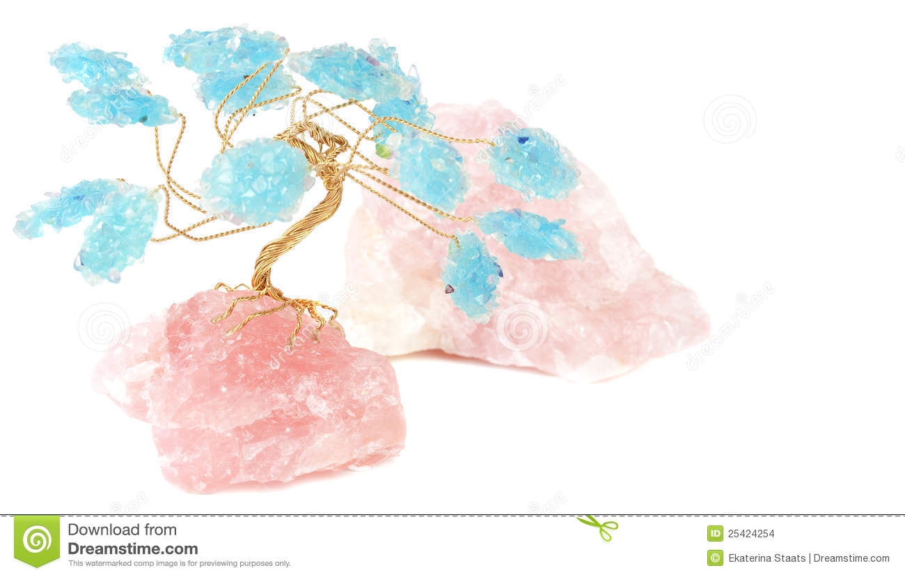 Rose Quartz And Blue Crystal Tree With Orange Mineral Sun Ball On The