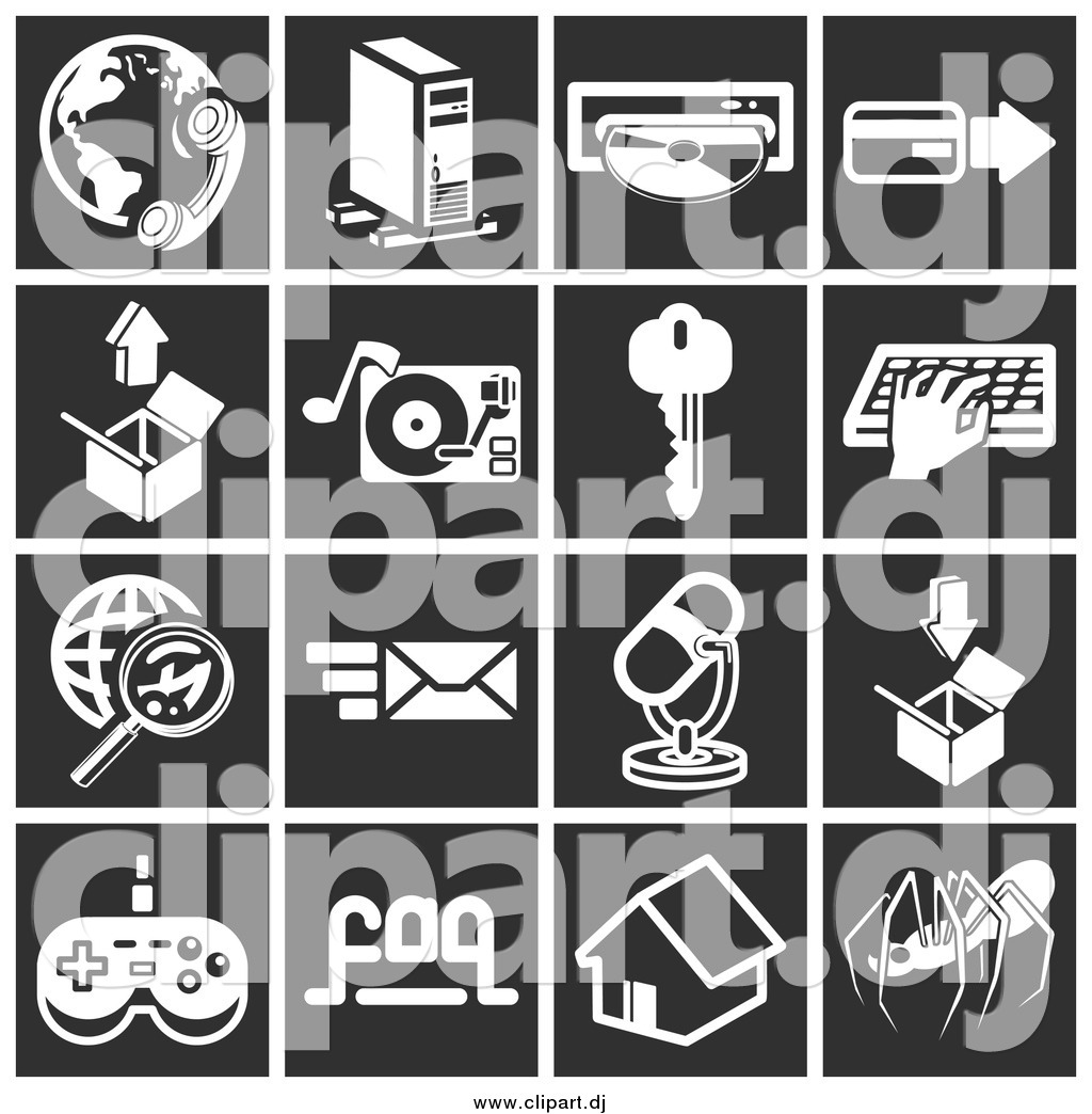 White Icons Over Black Tiles Including A Phone And Globe Computer    