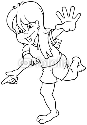 Young Girl   Black And White Cartoon Illustration Stock Photo And