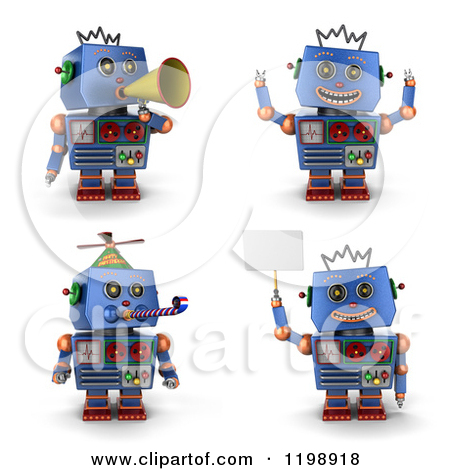 Clipart Of A 3d Blue Vintage Robot Toy In Four Poses 2   Royalty Free    
