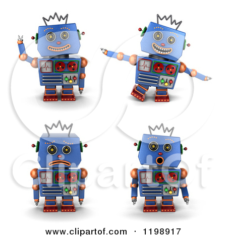 Clipart Of A 3d Blue Vintage Robot Toy In Four Poses   Royalty Free    