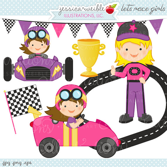 Lets Race Girls Cute Digital Clipart   Commercial Use Ok   Race Car