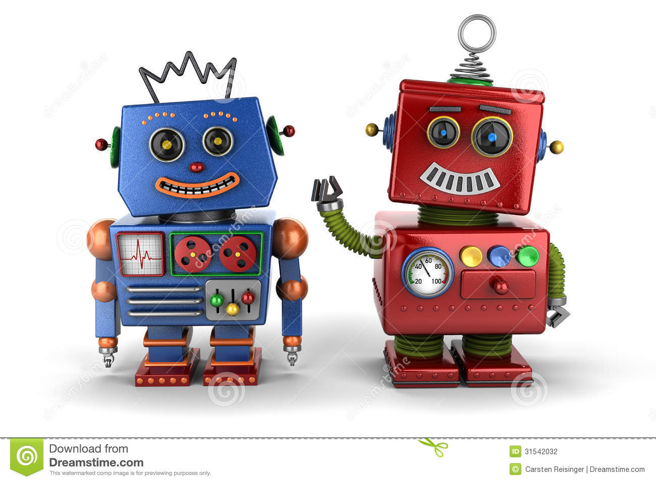 Two Happy Vintage Toy Robot Buddies Over White Background 