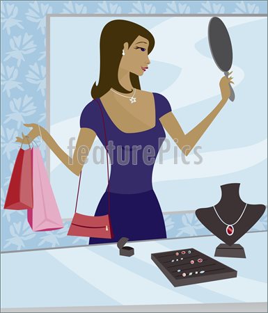 Woman Shopping For Jewelry In A Boutique   Using A Mirror To Try On A