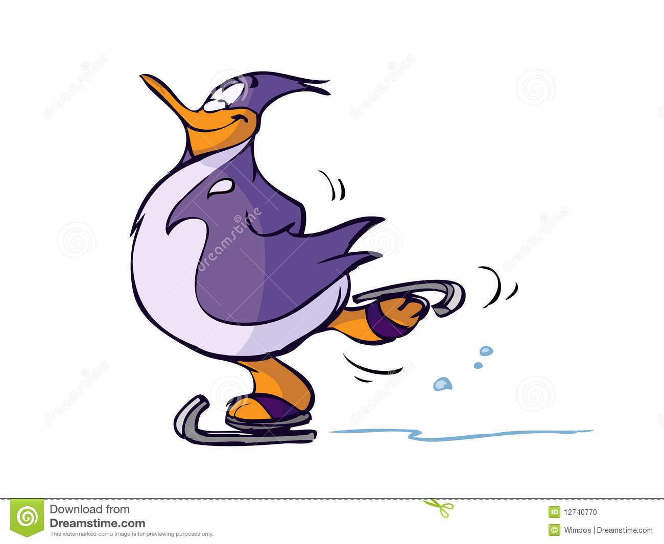 An Illustrated Cartoon Of A Penguin Skating On Ice Isolated On White