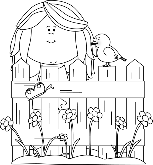 Black And White Spring Girl With A Bird Clip Art   Black And White