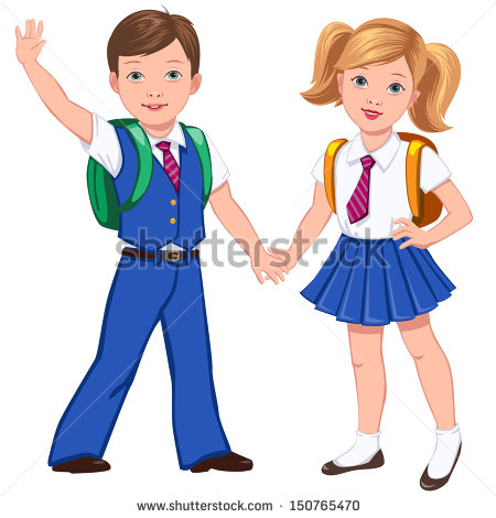 Boy And Girl In Uniform With School Bags Hold Hands Stock Vector