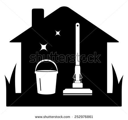 Cleaning Black Isolated Icon With Tools And House Silhouette   Stock