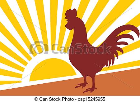 Clipart Vector Of Rooster And Morning Sun Rooster At Dawn Csp15245955