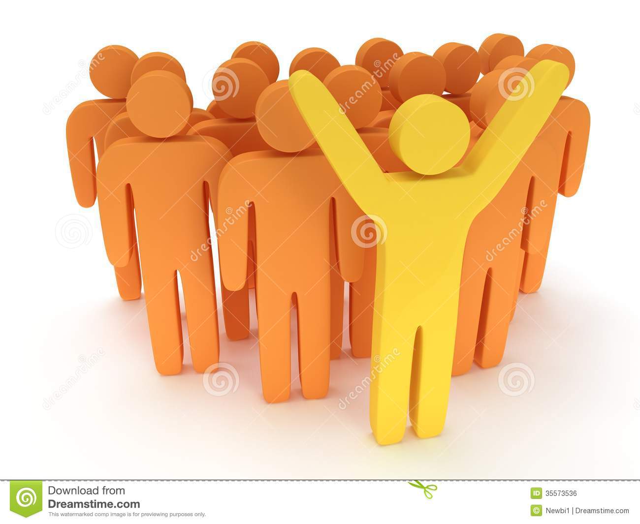 Group Of Stylized Orange People And Yellow Teamleader With Hands Up