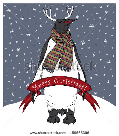 Hand Drawn Vector Illustration Of Penguin With Merry Christmas Banner