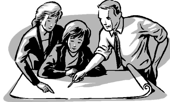 Three People Looking At A Map On A Table And Discussing