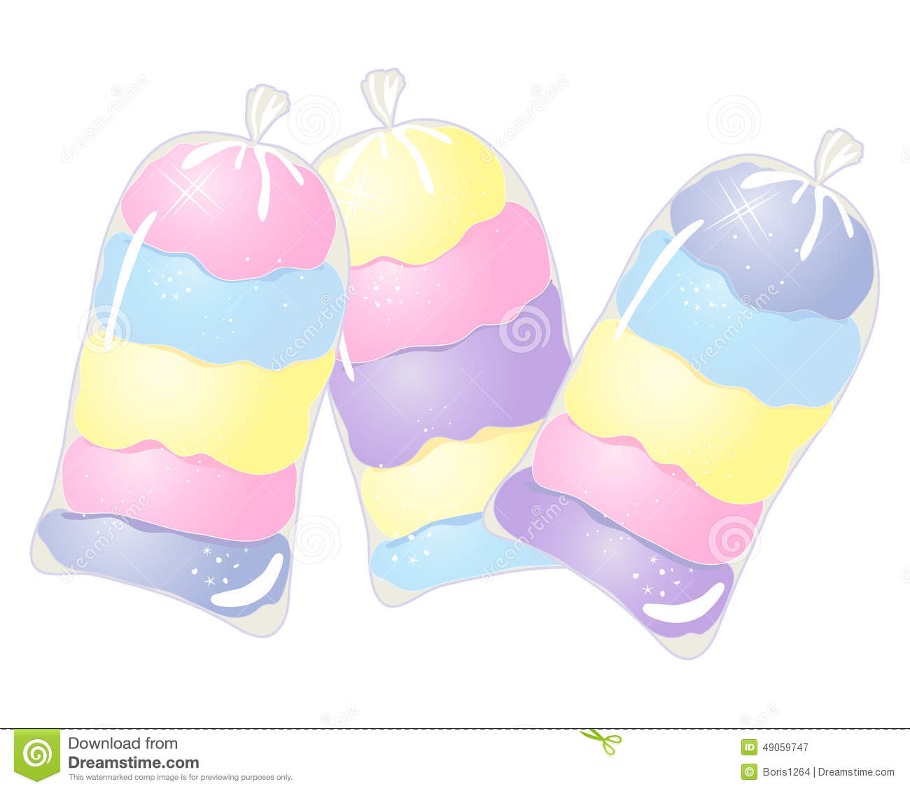 An Illustration Of Three Clear Bags Of Colorful Cotton Candy In Pink