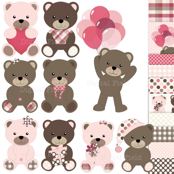 Baby Girl Teddy Bear Clip Art And Paper Set   Pink Brown Printable