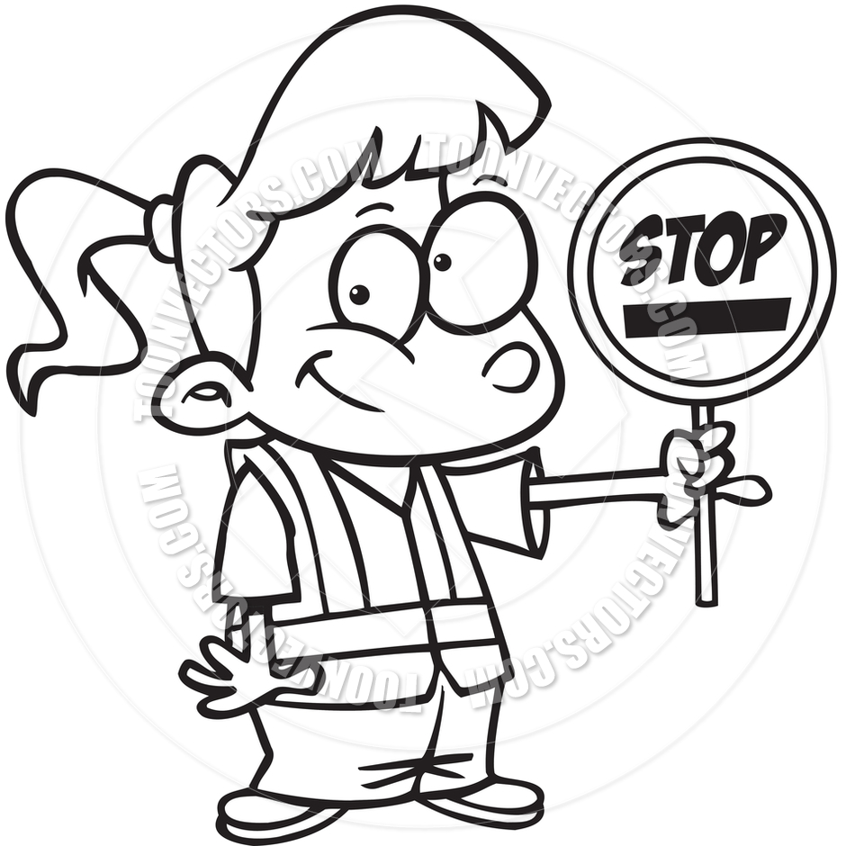 Cartoon Safety Patrol Girl  Black And White Line Art  By Ron Leishman