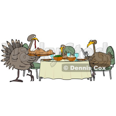 Clipart Illustration Of A Turkey Bird Family Dining On A Man At A