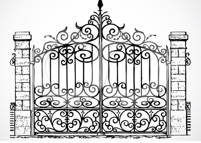 Rf Clipart Illustration Of A Black And White Wrought Iron Gate Jpg