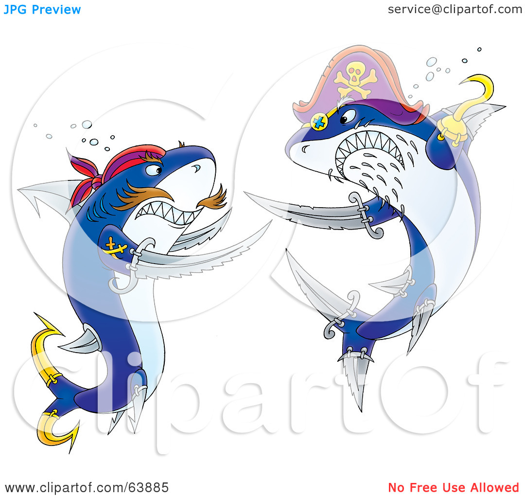 Rf  Clipart Illustration Of Two Pirate Sharks Engaged In A Sword Fight