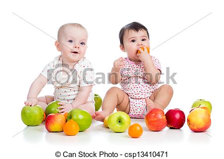 Stock Photo   Funny Kids Babies Eating Healthy Food Fruits Isolated On