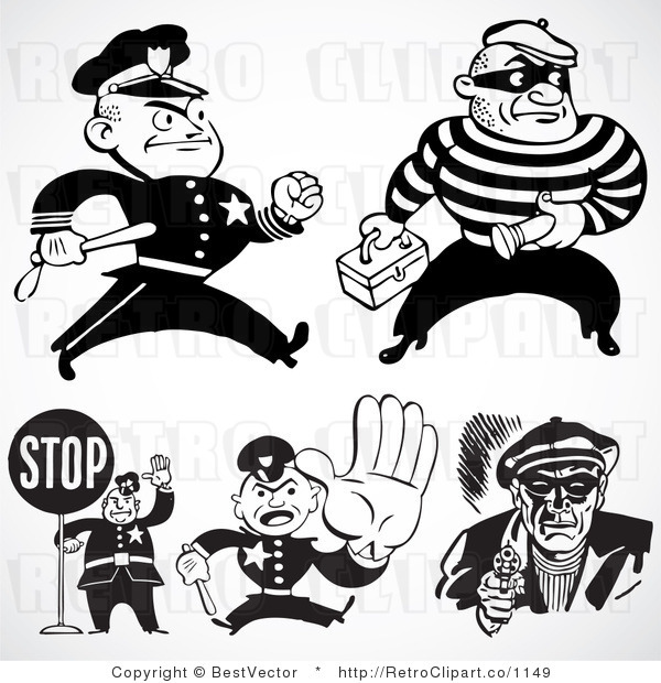 Black And White Retro Vector Clip Art Of A Collage Of Cops And Robbers