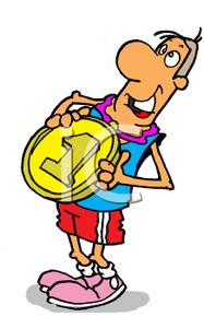 Cartoon Gold Medal Winner Holding His Medal Royalty Free Clipart    