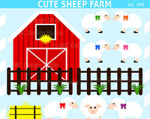 Farm Clip Art Animal Clip Art   Cute Sheep Farm Red Barn Hay Fence