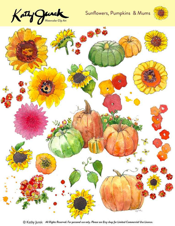 Lots Of Sunflowers Pumpkins   Mums Watercolor Clip Art Kathy Jurek
