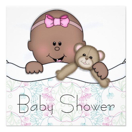 Pink Teddy Bear African American Baby Girl Shower 5 25x5 25 Square    