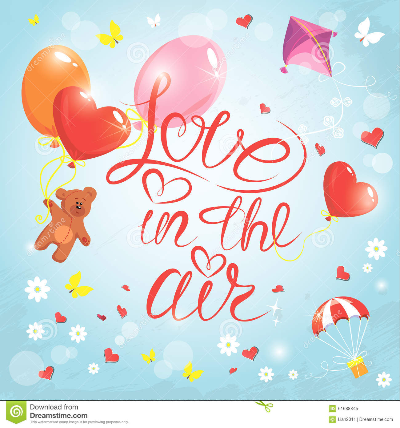Holiday Card With Hearts Butterflies Flowers Balloons Kite