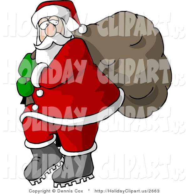 Holiday Clip Art Of Santa Carrying Full Bag Of Christmas Presents Over    