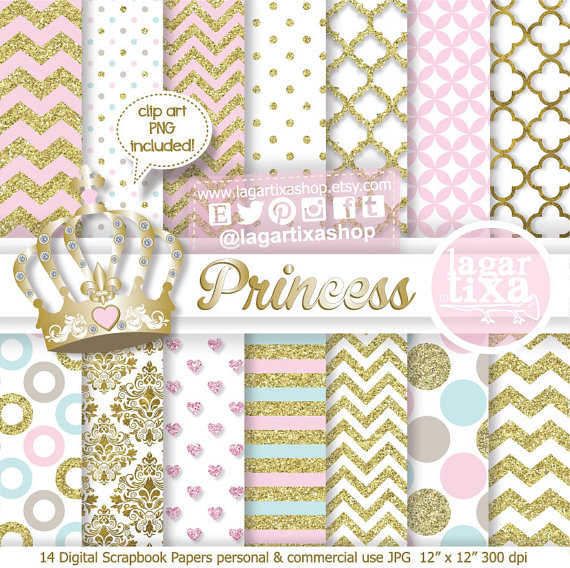 Princess Digital Paper And Crown Clipart Png Gold Glitter Pale Pink