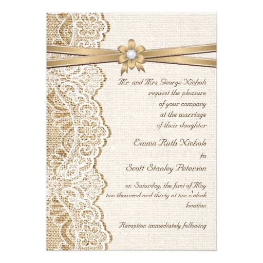 White Lace Ribbon Flower   Burlap Wedding 5x7 Paper Invitation Card    