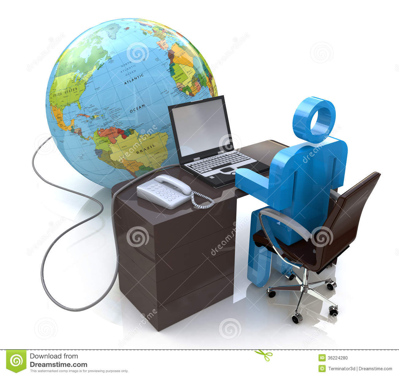 3d Man Working On Computer Connected To Globe In The Design Of The    