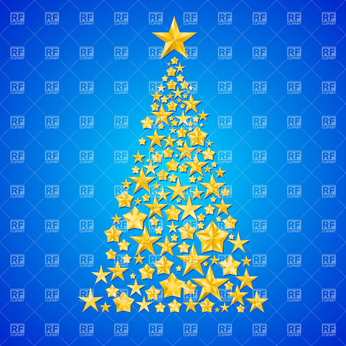 Abstract Christmas Tree Made Of Shiny Golden Stars On Blue Background