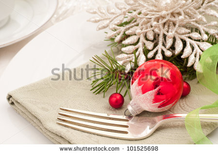Christmas Table Setting Closeup With A Vintage Ornament For Breakfast
