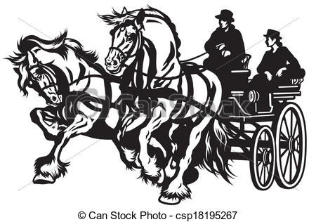Clip Art Vector Of Horse Carriage   Pair Horses Drawn Carriage Black    