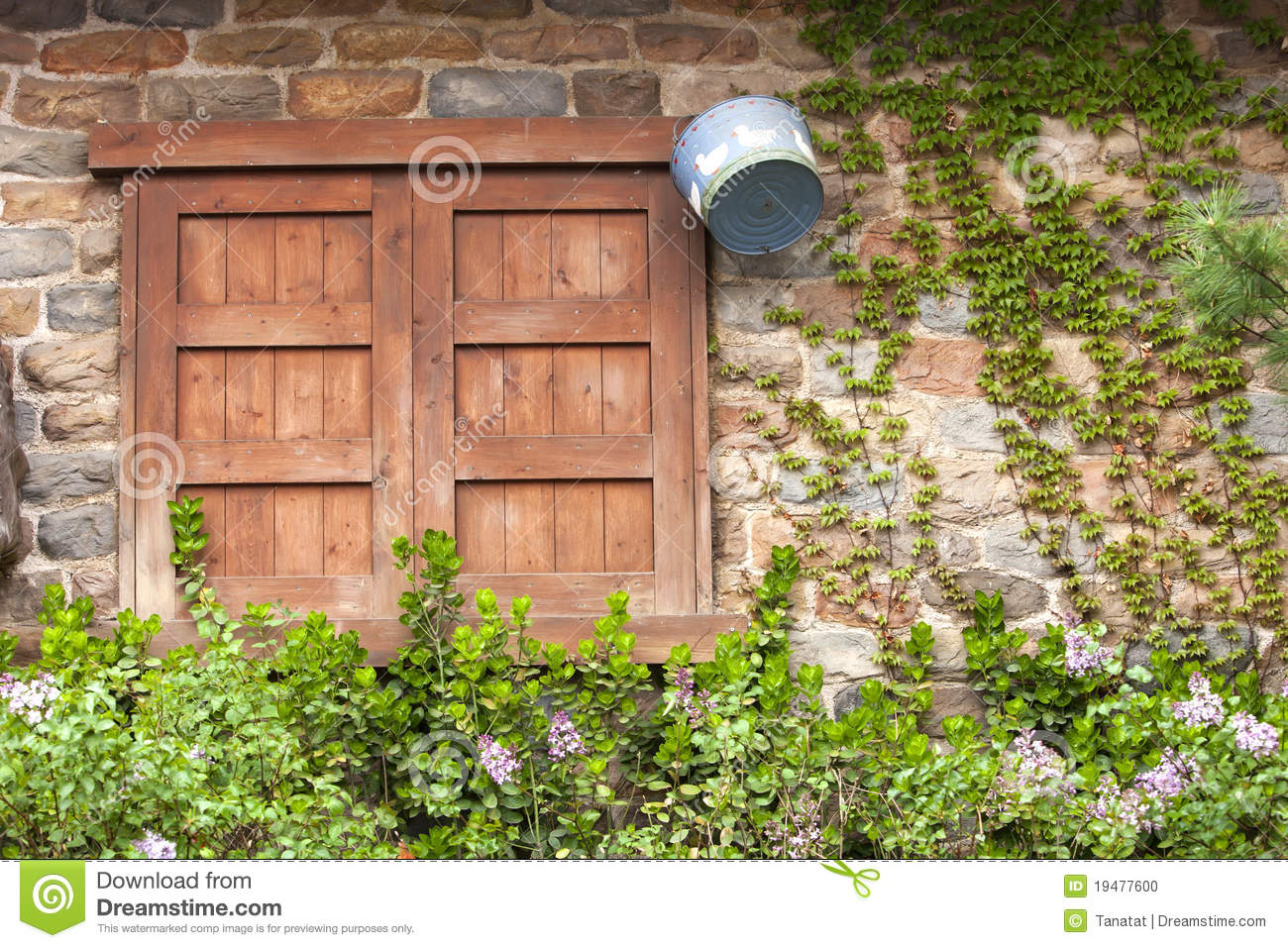 Closed Wood Window On Aged Brick Wall Stock Photo   Image  19477600