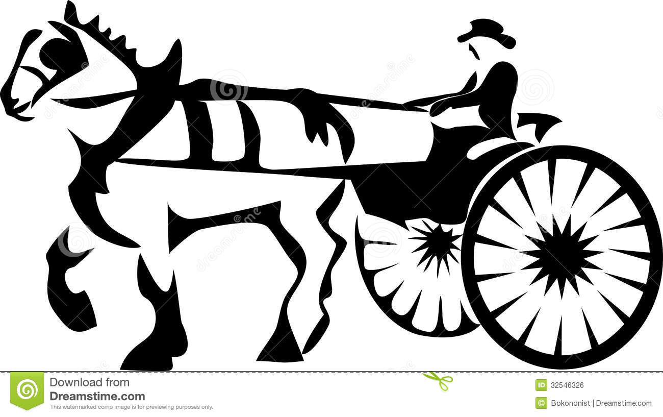 Draft Horse With Buggy   Black And White Illustration