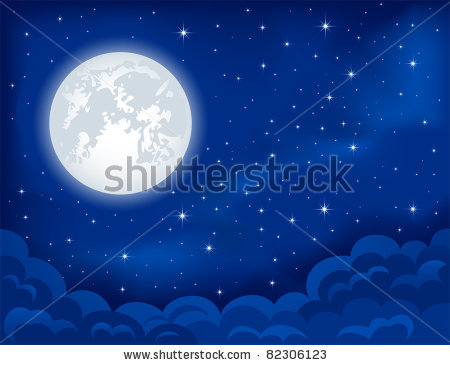 Full Moon With Blue Starry Skies In A Vector Clip Art Illustration