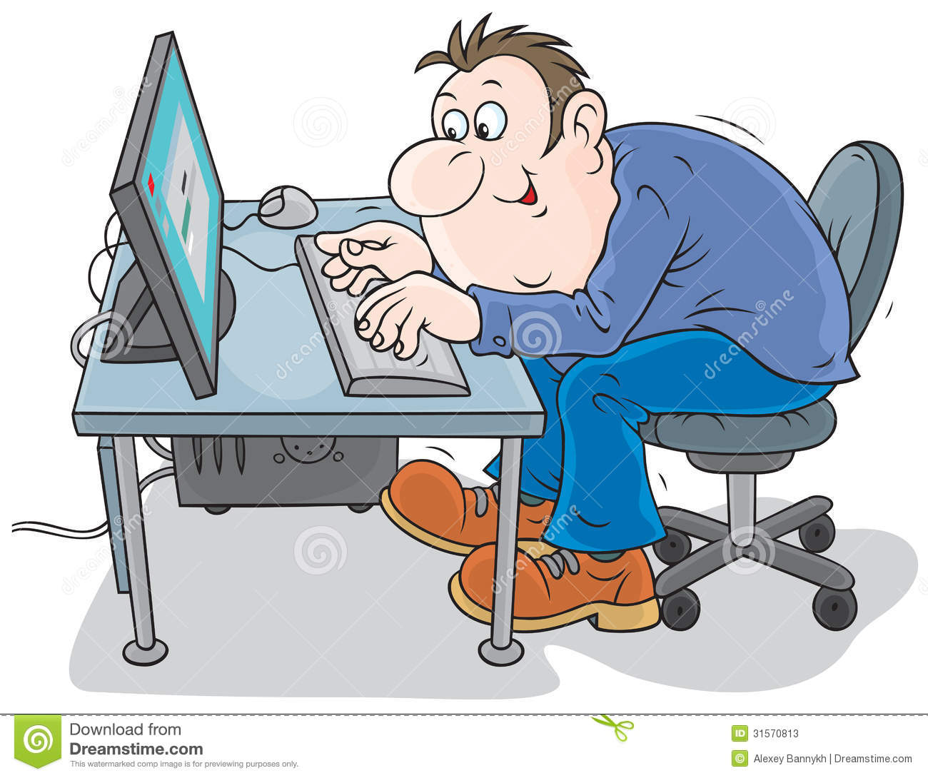 Man Working On His Computer Clip Art On A White Background 