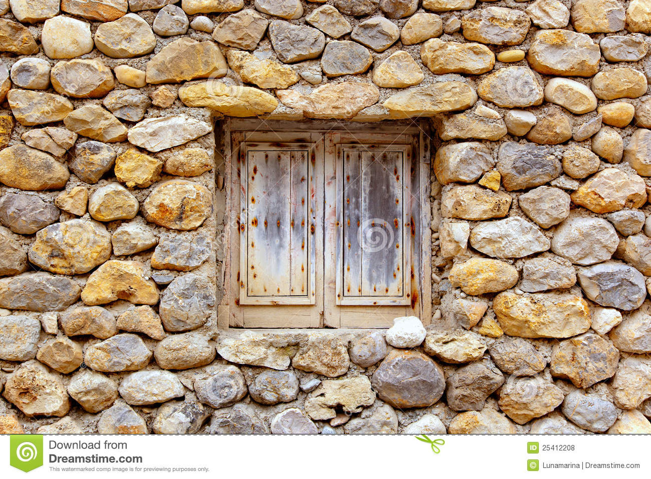 Masonry Stone Wall With Grunge Wood Window Royalty Free Stock Photos
