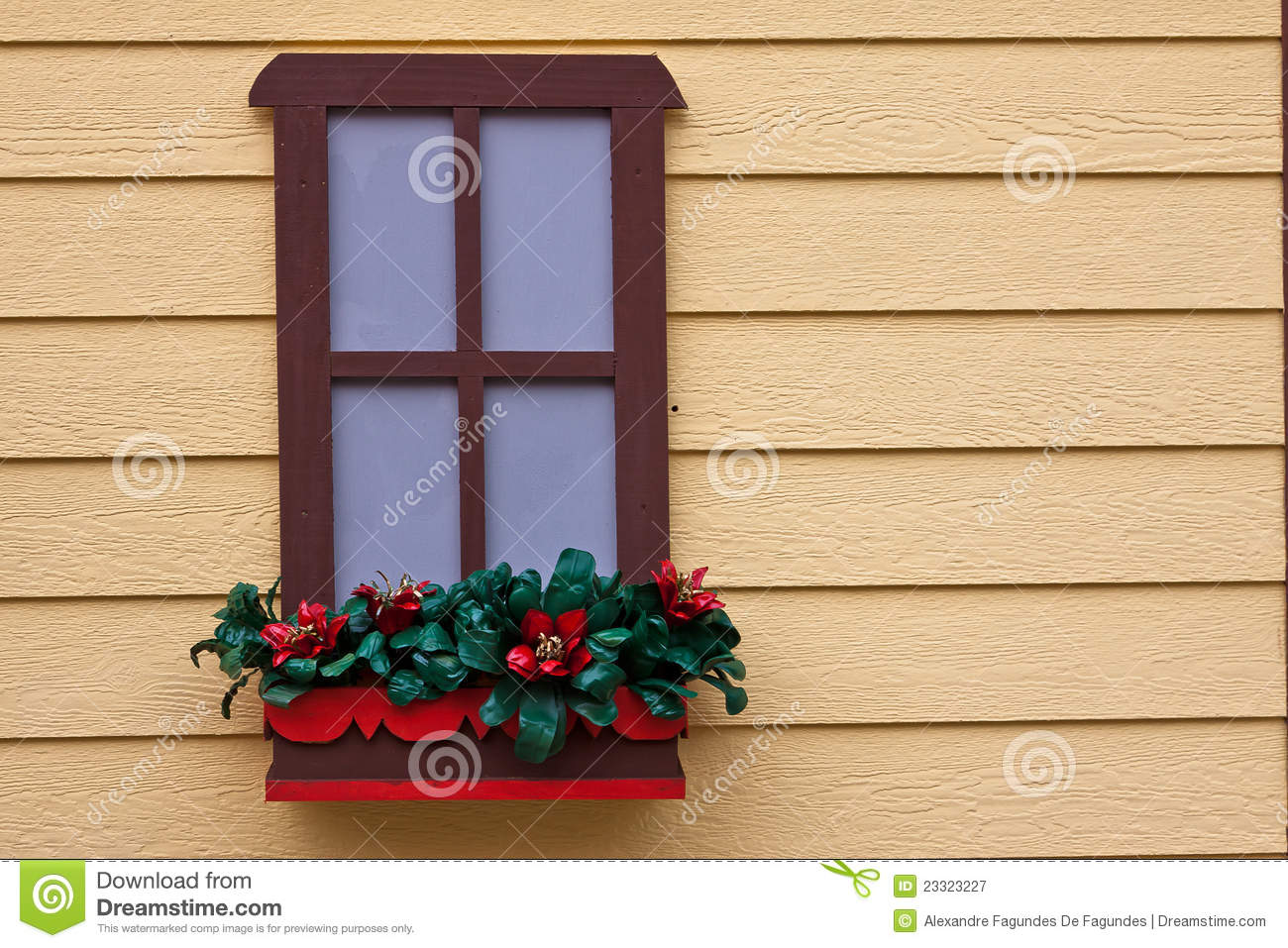 Red Flowers Window And Yellow Wood Wall Royalty Free Stock Photography